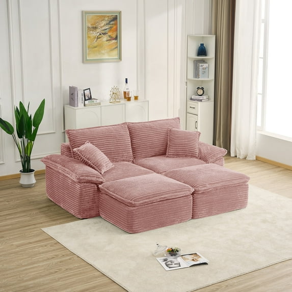 81" Oversized Chaise Lounge Chair Indoor, Holaki Fluffy Corduroy Upholstered Springs Loveseat Sofa Bed with Ottoman & Pillows, Modern Comfy Cloud Sofas Couches for Living Room, Bedroom, Pink