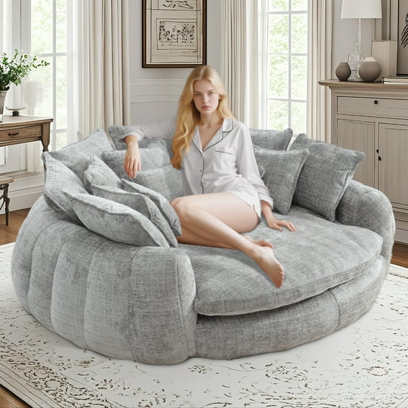 81'' Oversized Chenille Upholstered Sofa Bed, Comfy Sleeper Chair Sofa Couch, Boneless Couch with Deep Seat, Large Round Chaise Lounge Chair Indoor, Loveseat Cloud Couches for Living Room (Light Grey)