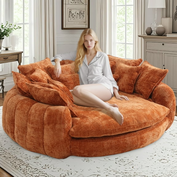 81'' Oversized Chenille Upholstered Sofa Bed, Comfy Sleeper Chair Sofa Couch, Boneless Couch with Deep Seat, Large Round Chaise Lounge Chair Indoor, Loveseat Cloud Couches for Living Room (Orange)