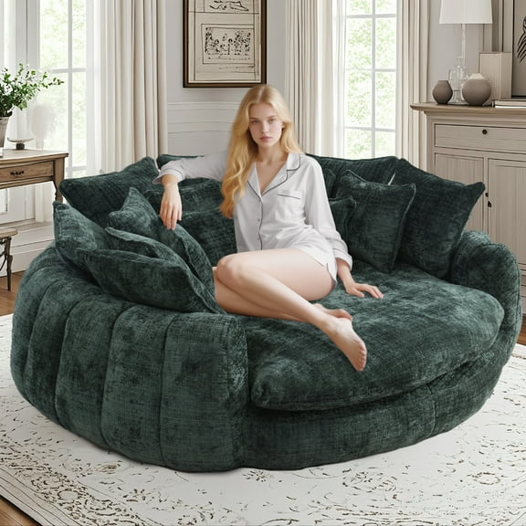 81'' Oversized Chenille Upholstered Sofa Bed, Comfy Sleeper Chair Sofa Couch, Boneless Couch with Deep Seat, Large Round Chaise Lounge Chair Indoor, Loveseat Cloud Couches for Living Room (Emerald)
