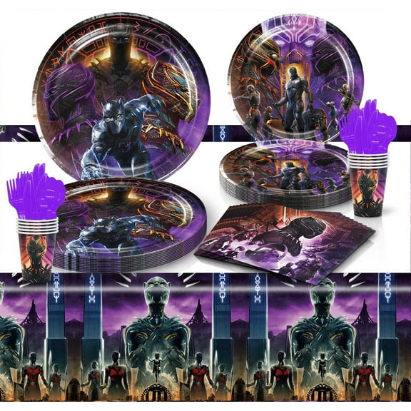 81-PCS Black Panther party tableware set, Black Panther party supplies include tablecloths, plates, napkins, cups, and cutlery. Suitable for girls and kids Black Panther party decorations