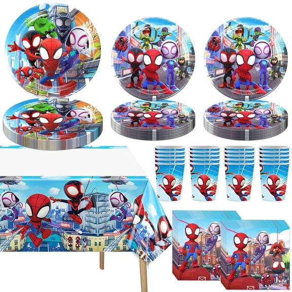 81 PCS Spidey Party Supplies, Spidey Birthday Party Tableware Includes 40 Plates, 20 Napkins, 20 Cups, 1 Tablecloth for Party Decorations