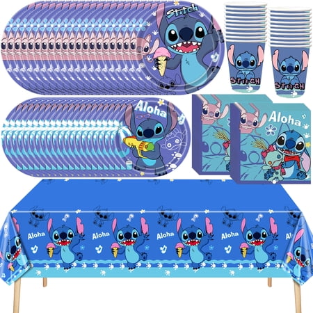 81 PCS Stitch Birthday Party Supplies, Stitch Tableware Set Includes 40 PCS Paper Plates 20 PCS Napkins 20 PCS Paper Cups 1 PCS Tablecloth for Stitch Party Supplies