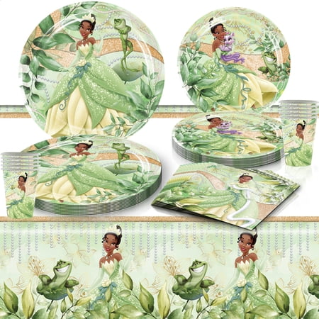 81 PCS Tiana Birthday Party Supplies, Tiana Tableware Set Includes 40 PCS Plates, 20 PCS Napkins, 20 Paper Cups and 1 PCS Tablecloth for Party Decorations