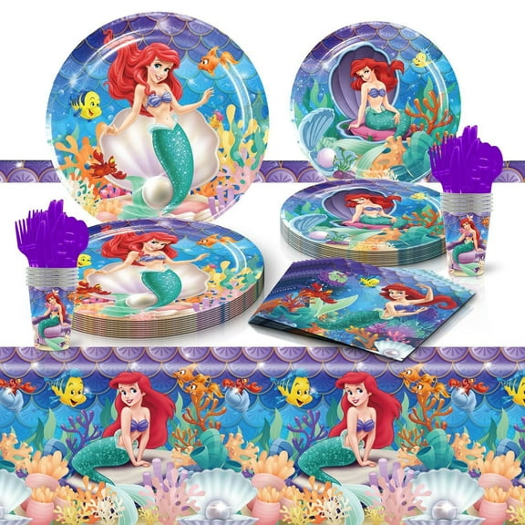 81 Pcs Ariel Princess Party Tableware Set, Birthday Party Supplies, Table Cover,Paper Plates, Napkins, Cups, Knives, Spoons and Forks