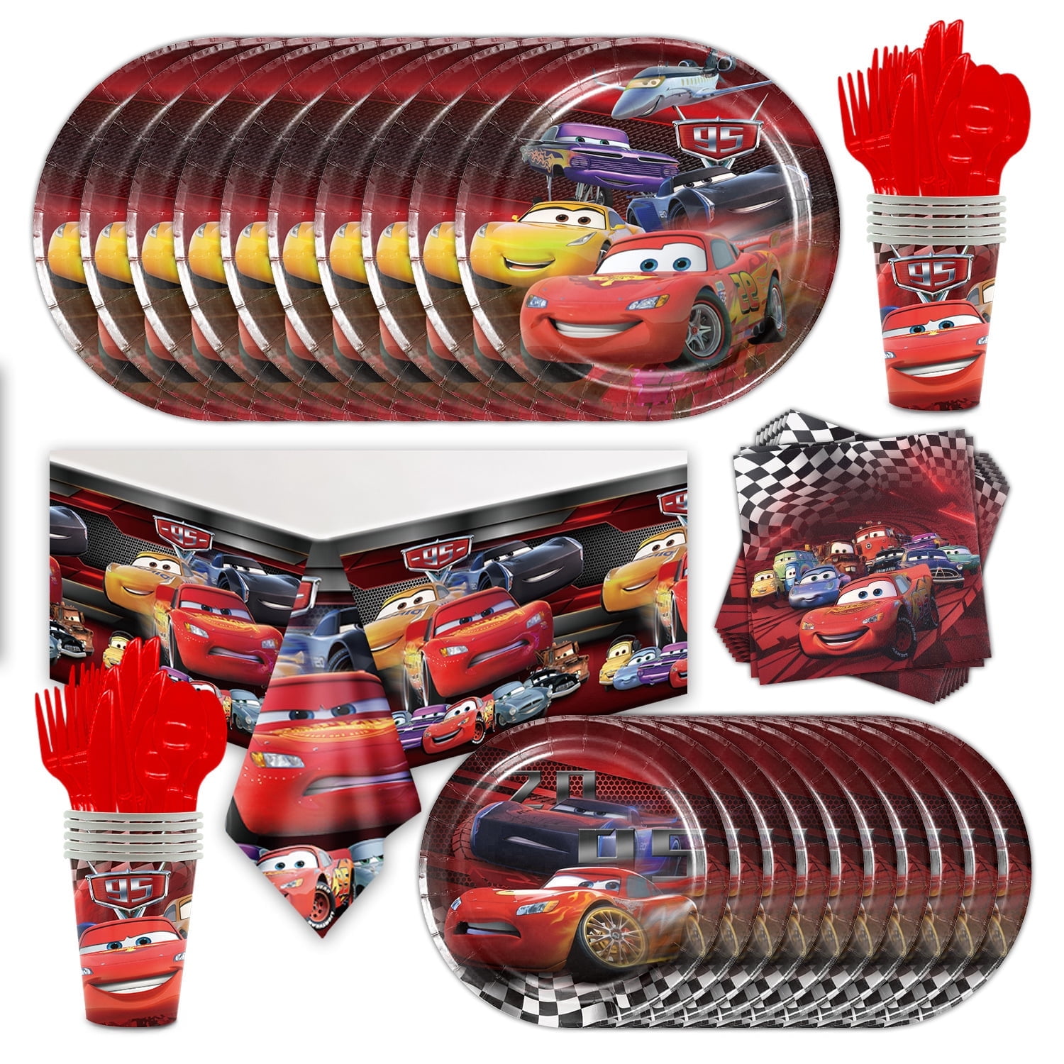 81 Pcs Cars Party Tableware Set, Birthday Party Supplies, Table Cover,Paper Plates, Napkins, Cups, Knives, Spoons and Forks