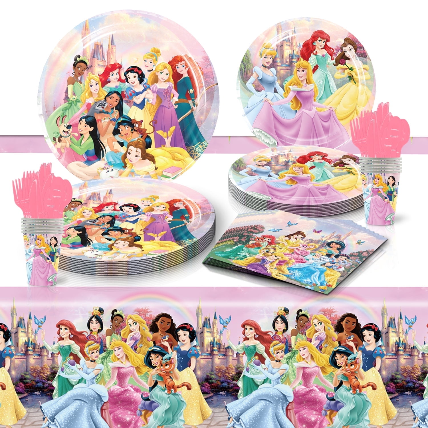 81 Pcs Princess Party Tableware Set, Birthday Party Supplies, Table Cover,Paper Plates, Napkins, Cups, Knives, Spoons and Forks