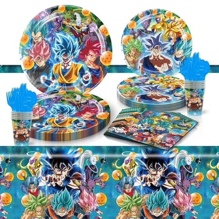 81 Pcs Dragon Anime Ball Party Tableware Set, Birthday Party Supplies, Table Cover,Paper Plates, Napkins, Cups, Knives, Spoons and Forks