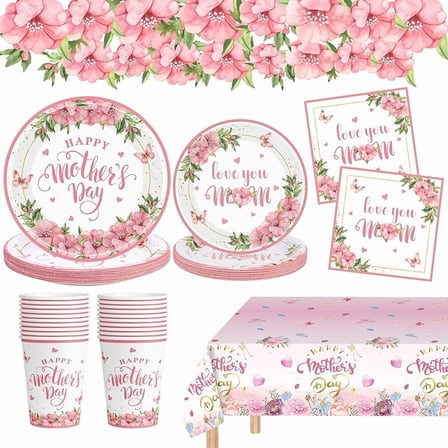 81 Pcs Happy Mothers Day Decorations Set, Includes Happy Mothers Day Dinner Paper Plates, Love You Mon Dessert Plates Napkins, Pink Tablecloth and Cups for Mother Days Party Supplies, Serves 20