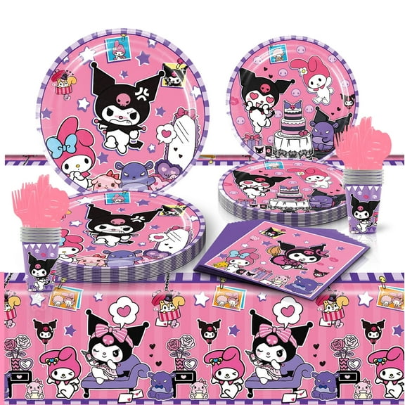 81 Pcs Kuromi Party Tableware Set, Birthday Party Supplies, Table Cover,Paper Plates, Napkins, Cups, Knives, Spoons and Forks