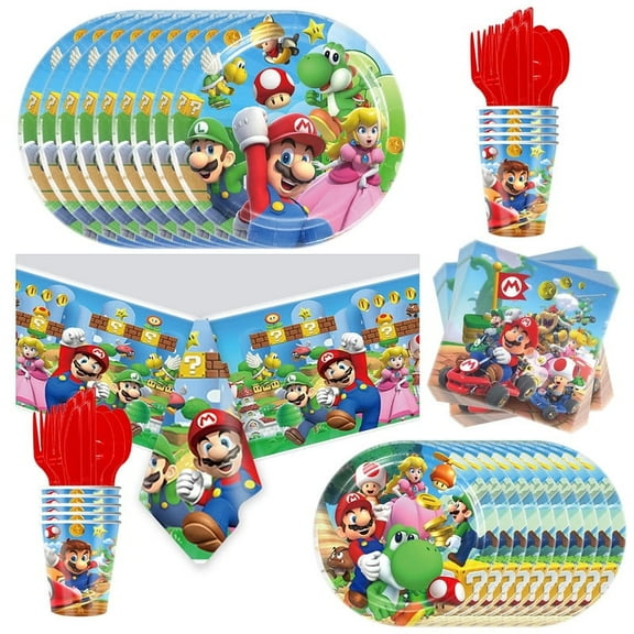 81 Pcs Mario Party Tableware, Mario Birthday Party Supplies, Paper Plates, Napkins, Cups, Knives, Spoons and Forks