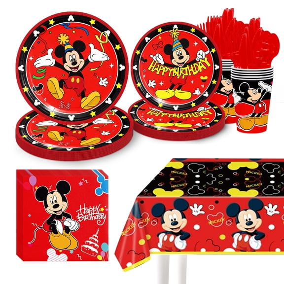 81 Pcs Mickey Party Tableware, Mouse Birthday Party Supplies, Paper Plates, Napkins, Cups, Knives, Spoons and Forks