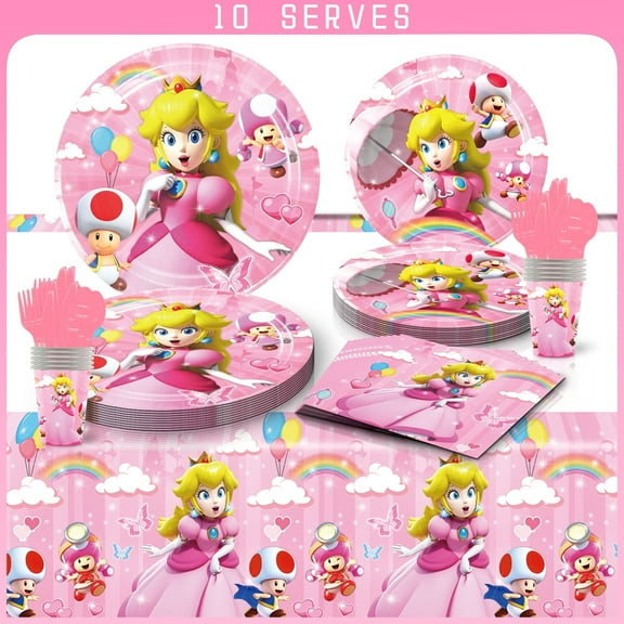 81 Pcs Peach Princess Party Tableware Set, Birthday Party Supplies, Table Cover,Paper Plates, Napkins, Cups, Knives, Spoons and Forks