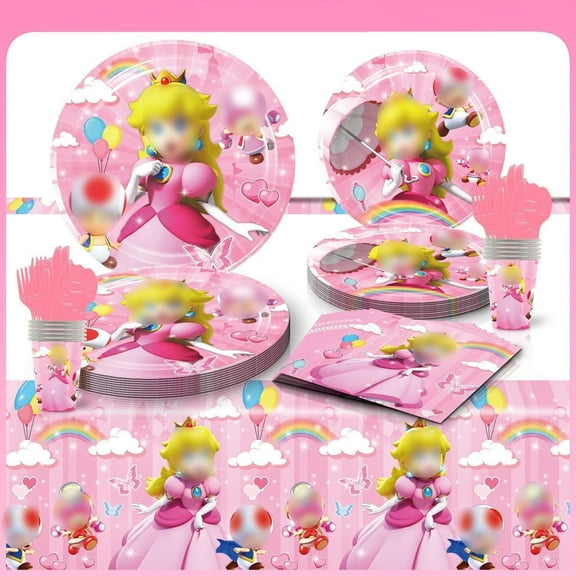 81 Pcs Princess Birthday Party Tableware, Princess Peach Birthday Decoration Party Supplies, Super Princess Peach Party Tableware, Girls' Birthday Decoration, Theme Party Decoration