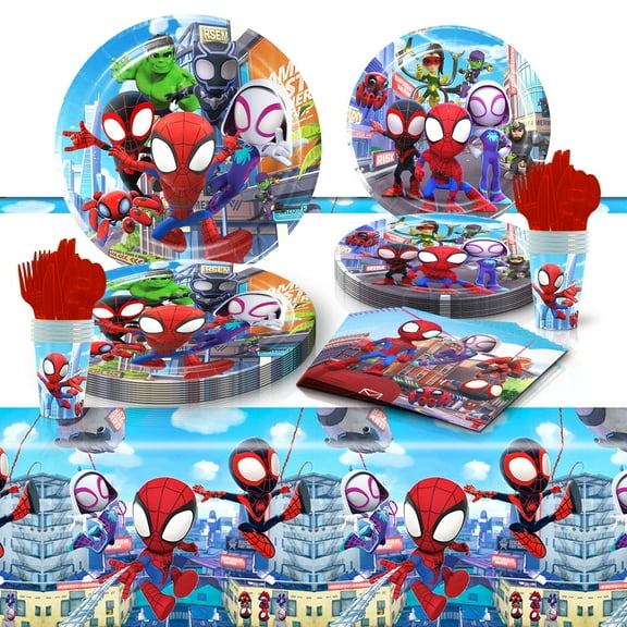 81 Pcs Spiderman Party Tableware Set, Birthday Party Supplies, Table Cover,Paper Plates, Napkins, Cups, Knives, Spoons and Forks