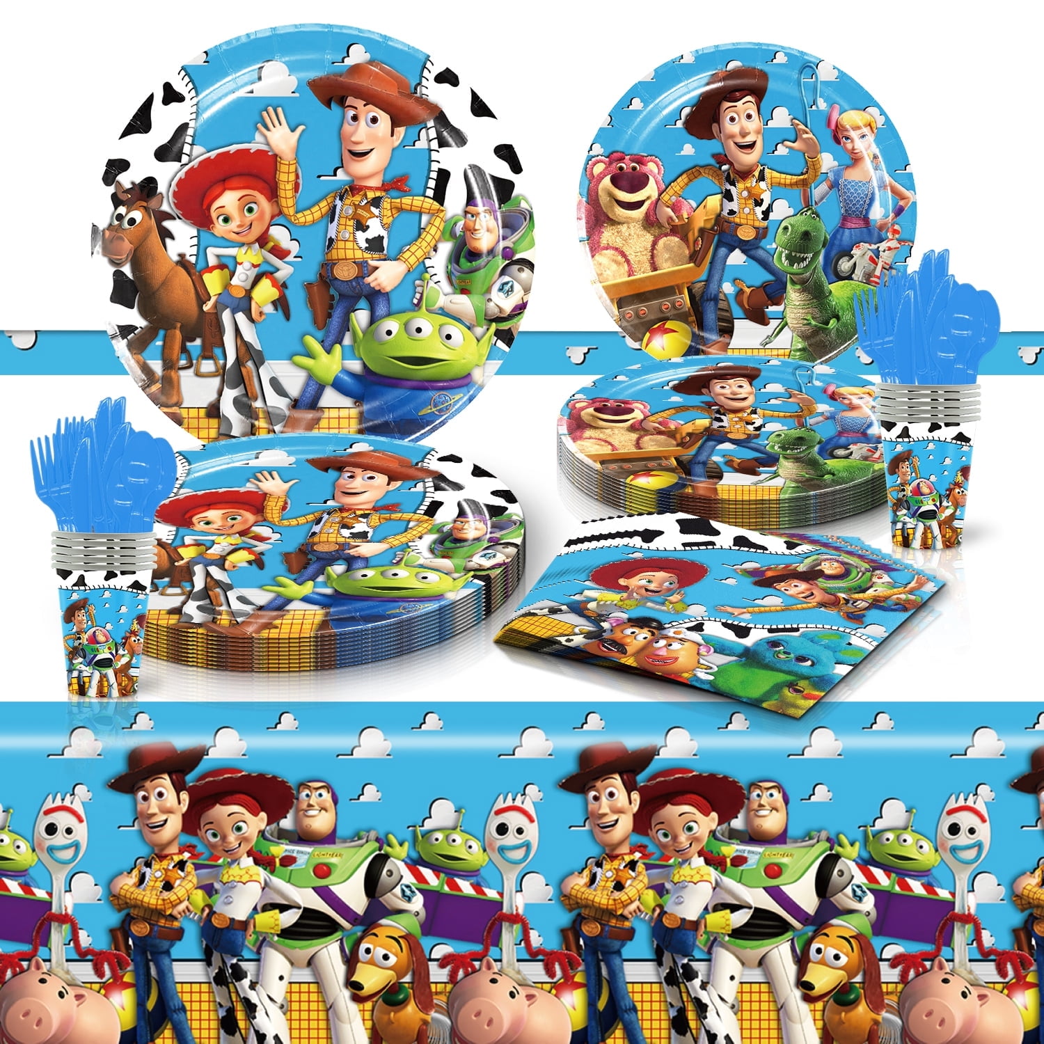 81 Pcs Toy Story Party Tableware Set, Birthday Party Supplies, Table Cover,Paper Plates, Napkins, Cups, Knives, Spoons and Forks