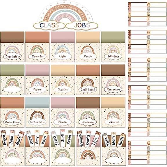 81 Piece Boho Rainbow Class Jobs Bulletin Board Boho Rainbow Themed Classroom Jobs Pocket Chart Set Teacher's Helper Chalkboard Decor Classroom Bulletin Board Set Wall Decoration for Back to School