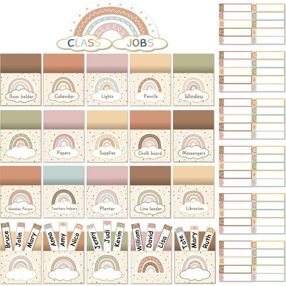 81 Piece Boho Rainbow Class Jobs Bulletin Board Boho Rainbow Themed Classroom Jobs Pocket Chart Set Teacher's Helper Chalkboard Decor Classroom Bulletin Board Set Wall Decoration for Back to School