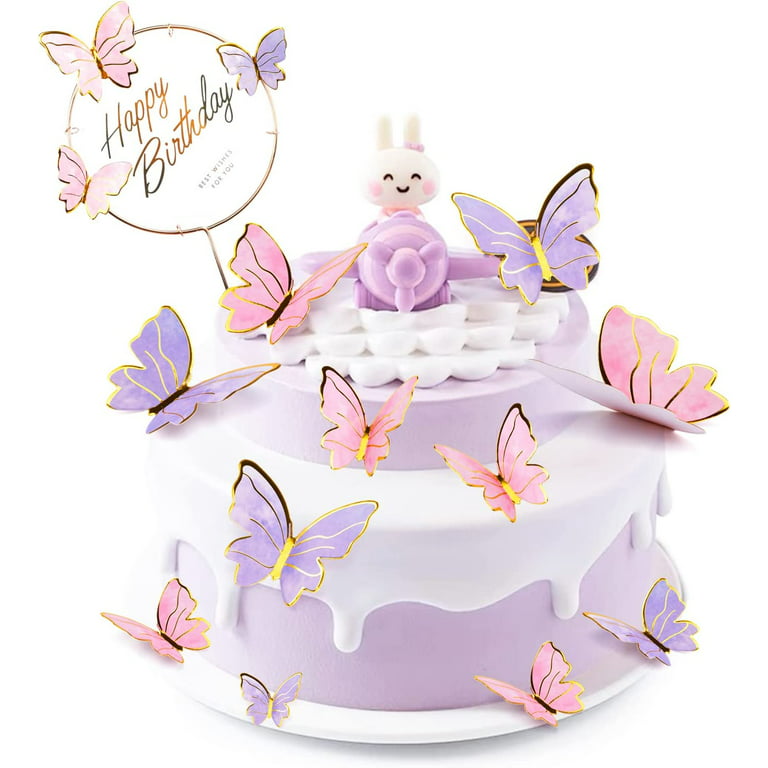 AMAZECO 50Pcs Butterfly Cupcake Toppers Pink Purple Color Gold Edge 3D  Butterflies Cake Topper for Girls Women Baby Shower Birthday Party Wedding  Wall