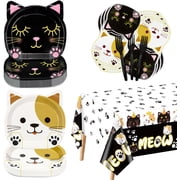 81 Pieces Cat Birthday Party Decorations - Including Cat Plates, Pet Napkins, and MEOW Tablecloth for Pet Cat Themed Birthday Party Supplies, Serve 20 Guests, Large, Black White, JY-84