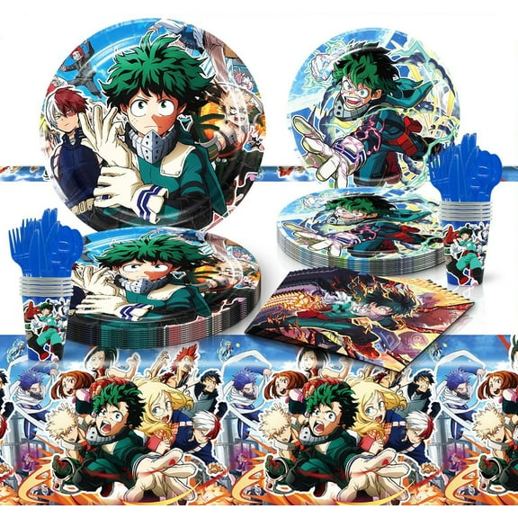 81 Pieces My Hero Academia Party Tableware Set, My Hero Academia party supplies include tablecloth, plates, cutlery, napkins, cups, My Hero Academia party decorations for girls and kids