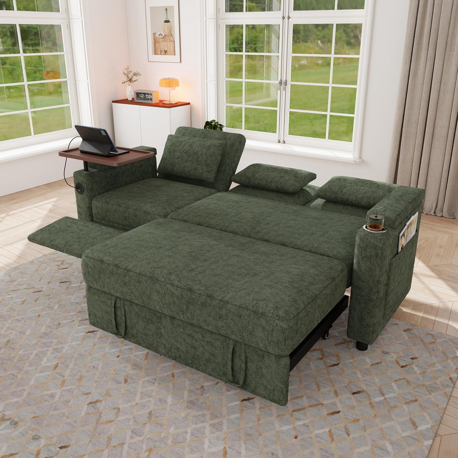 81" Recliner Sofa Bed, 3-in-1 Chenille Sleeper Sofa, Pull Out Couch with Adjustable Backrest, USB, Side Pocket, Table, Cup Holder, Cloud Couch for Living Room, Apartment, Small Space, Green