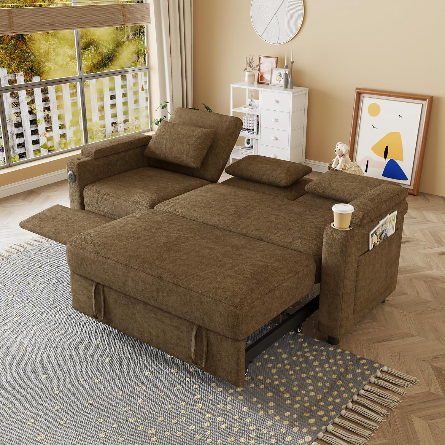 81"Recliner Sofa Bed, 3-in-1 Chenille Sleeper Sofa, Pull Out Couch with Adjustable Backrest, USB, Side Pocket, Table, Cup Holder, Cloud Couch for Living Room, Apartment, Small Space, Brown