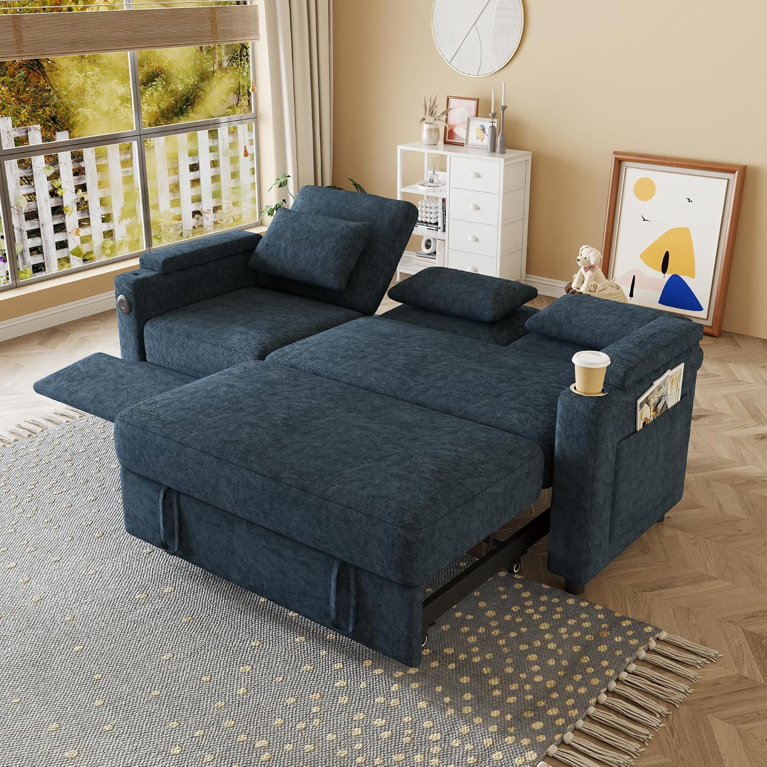 81" Recliner Sofa Bed, 3-in-1 Chenille Sleeper Sofa, Pull Out Couch with Adjustable Backrest, USB, Side Pocket, Table, Cup Holder, Cloud Couch for Living Room, Apartment, Small Space, Blue