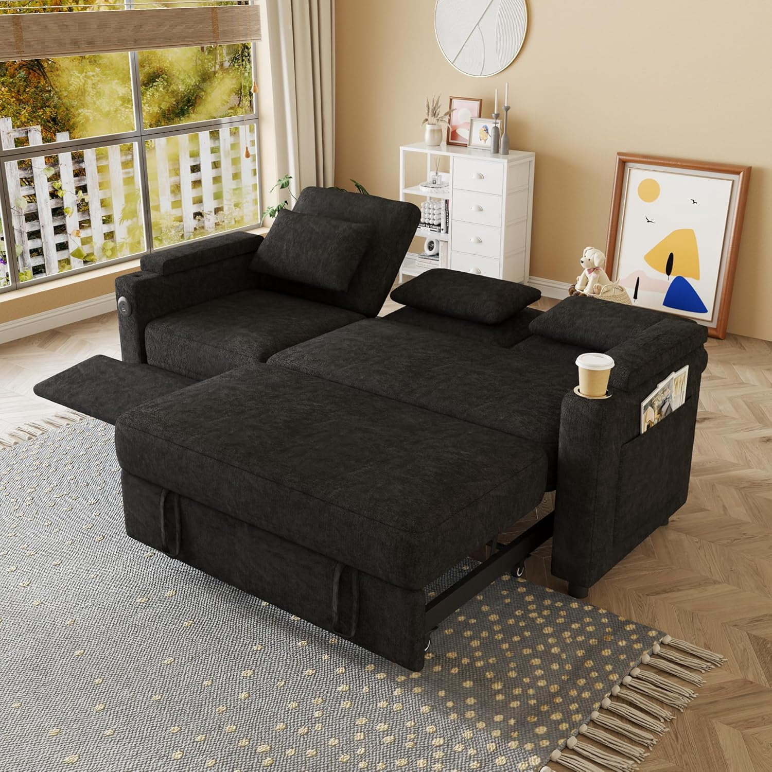 81" Recliner Sofa Bed, 3-in-1 Chenille Sleeper Sofa, Pull Out Couch with Adjustable Backrest, USB, Side Pocket, Table, Cup Holder, Cloud Couch for Living Room, Apartment, Small Space, Black