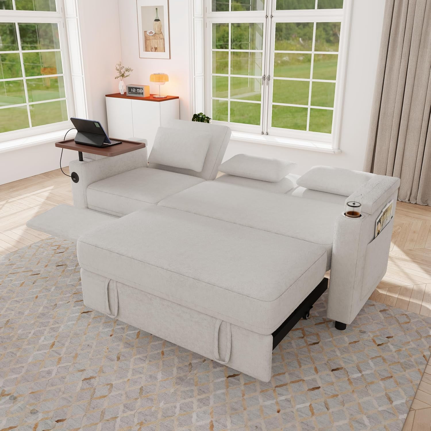 81" Recliner Sofa Bed, 3-in-1 Chenille Sleeper Sofa, Pull Out Couch Adjustable Backrest, USB, Side Pocket, Table, Cup Holder, Cloud Couch for Living Room, Apartment, Small Space, Off White