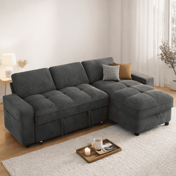 81" Sectional Sleeper Sofa Bed, L Shaped 3-in-1 Pull Out Couch with 5-Level Reclining Backrest, Reversible Storage Chaise, USB & Type-C Ports, Tool-Free, Chenille Dark Gray