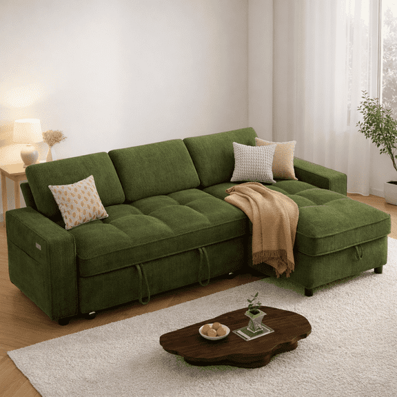81" Sectional Sleeper Sofa Bed, L Shaped 3-in-1 Pull Out Couch with 5-Level Reclining Backrest, Reversible Storage Chaise, USB & Type-C Ports, Tool-Free, Chenille Green