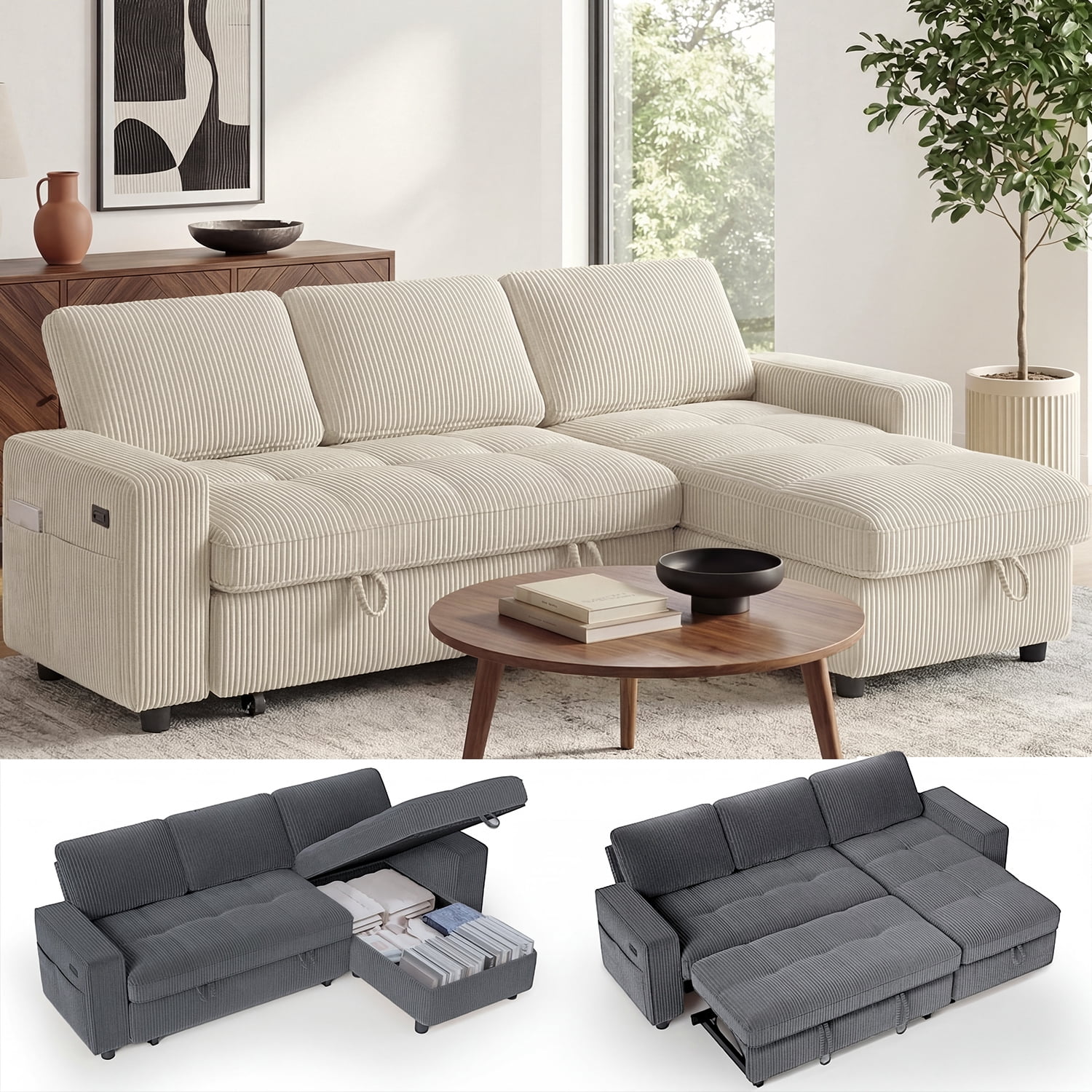 81" Sectional Sleeper Sofa Bed, L Shaped Pull Out Couch with Reclining ...