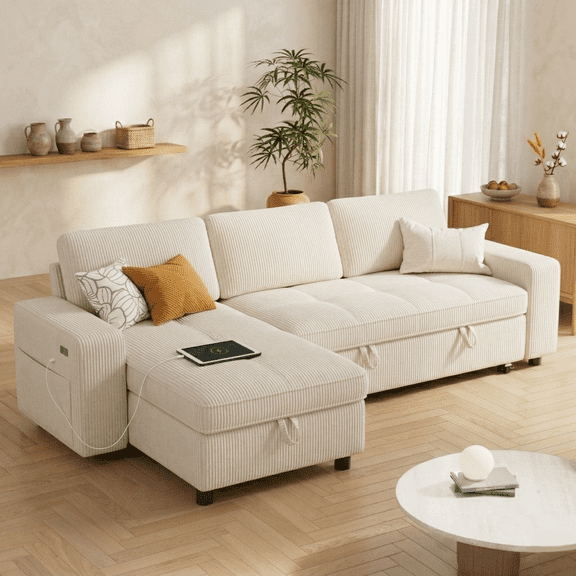 81" Sectional Sleeper Sofa Bed with Pull Out Bed, L Shaped Pull Out Couch with Reclining Backrest, Reversible Storage Chaise, USB Ports, Tool-Free, Corduroy Beige