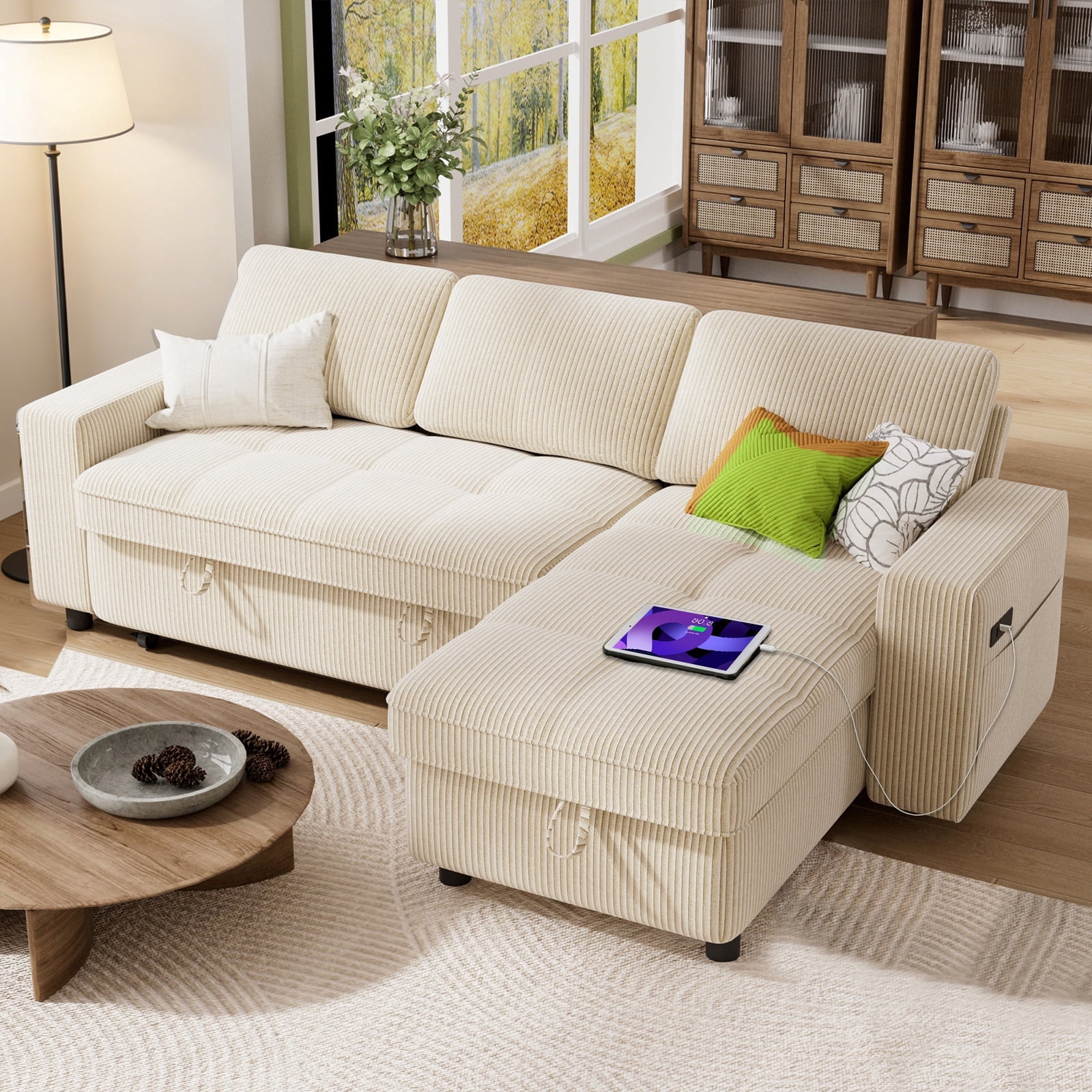 81" Sectional Sleeper Sofa Bed with Pull Out Bed, L-Shaped 3-in-1 ...