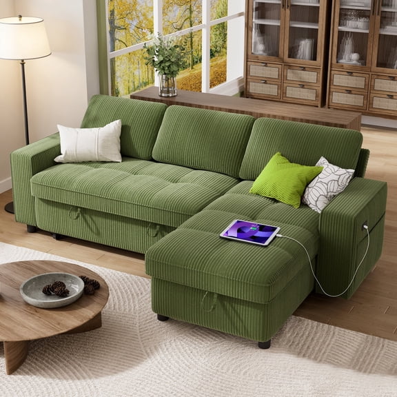 81" Sectional Sleeper Sofa Bed with Pull Out Bed, L-Shaped 3-in-1 Corduroy Couch with 5-Level Reclining Backrest, Storage Chaise and USB Ports, Green