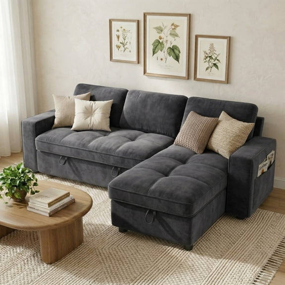 81" Sectional Sleeper Sofa Bed with Pull Out Couch, L-Shaped Chenille Fabric Sofa with USB Ports and Storage Chaise, Charcoal Gray