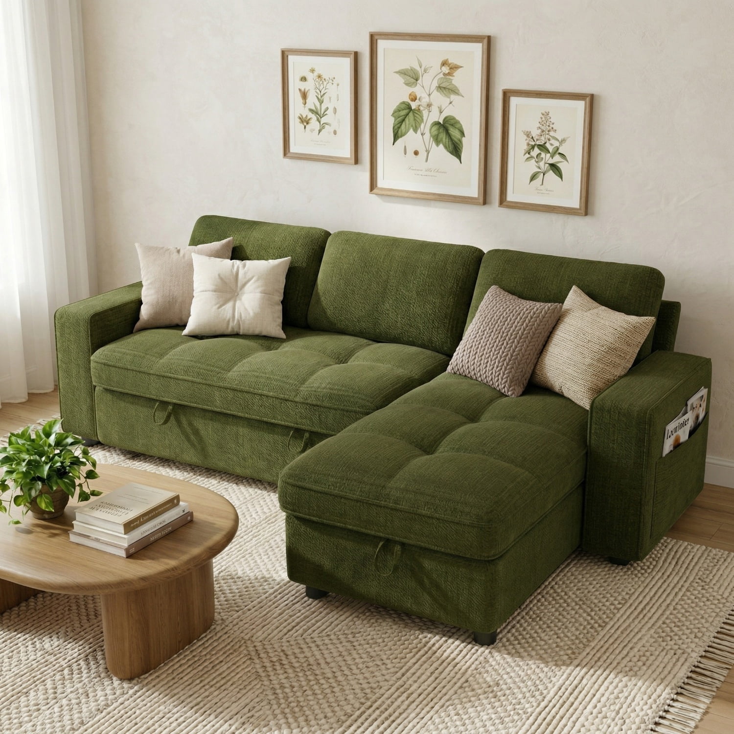 81" Sectional Sleeper Sofa Bed with Pull Out Couch, L-Shaped Chenille Fabric Sofa with USB Ports and Storage Chaise, Emerald Green