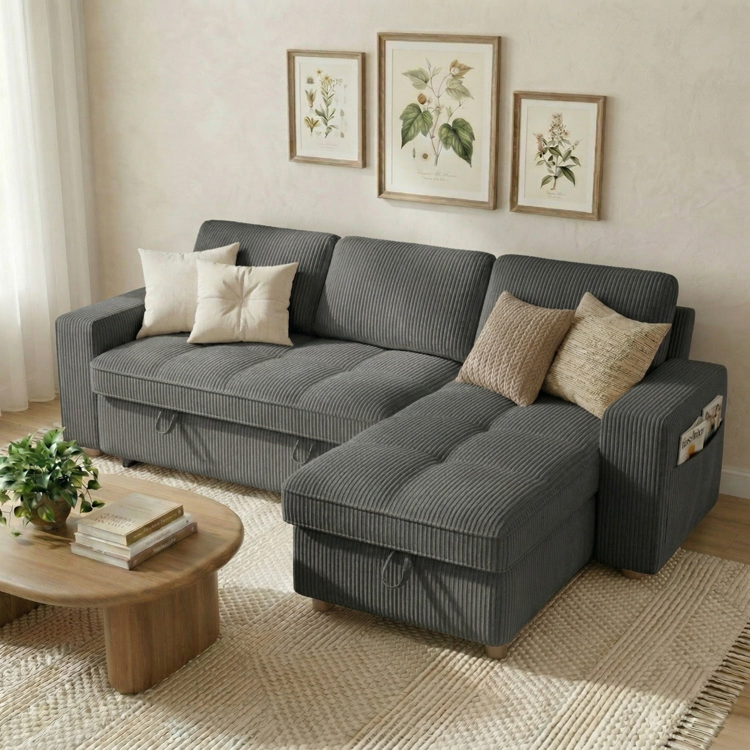 81" Sectional Sleeper Sofa Bed with Pull Out Couch, L-Shaped Corduroy ...