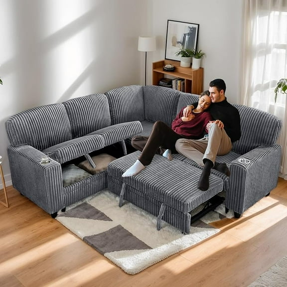 81'' Sectional Sleeper Sofa with Pull Out Bed, Convertible Corduroy Cloud Couch L Shaped 5-Seat Modular Couches with Storage Space and USB Charging, Sectional Couches for Living Room (Grey)