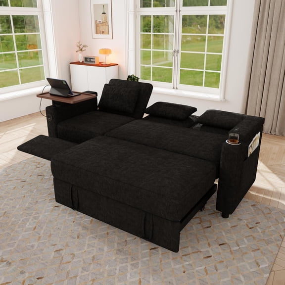 81" Sleeper Sofa Bed, Chenille Recliner Sofa, 3-in-1 Pull Out Couch, Black,Adjustable Backrest with USB, Side Pocket, Table and Cup Holder, Fit for Movie Nights, Portable Fits Small Apartment Dorm