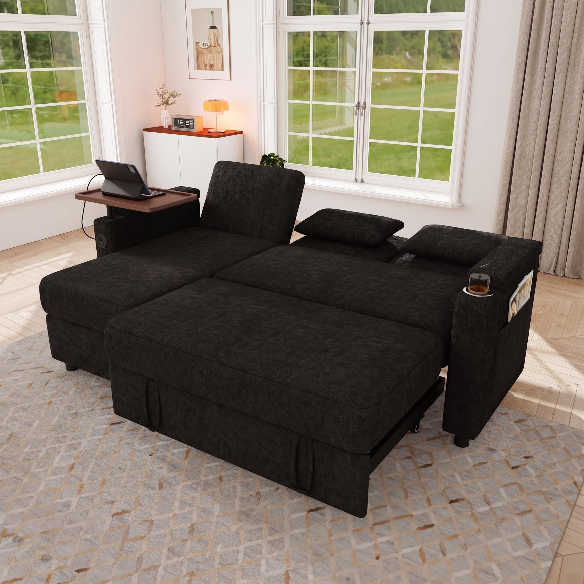 81" Sleeper Sofa Bed, Chenille Recliner Sofa, 3-in-1 Pull Out Couch, Black,Adjustable Backrest with USB, Side Pocket, Table and Cup Holder, Fit for Movie Nights, Portable Fits Small Apartment Dorm