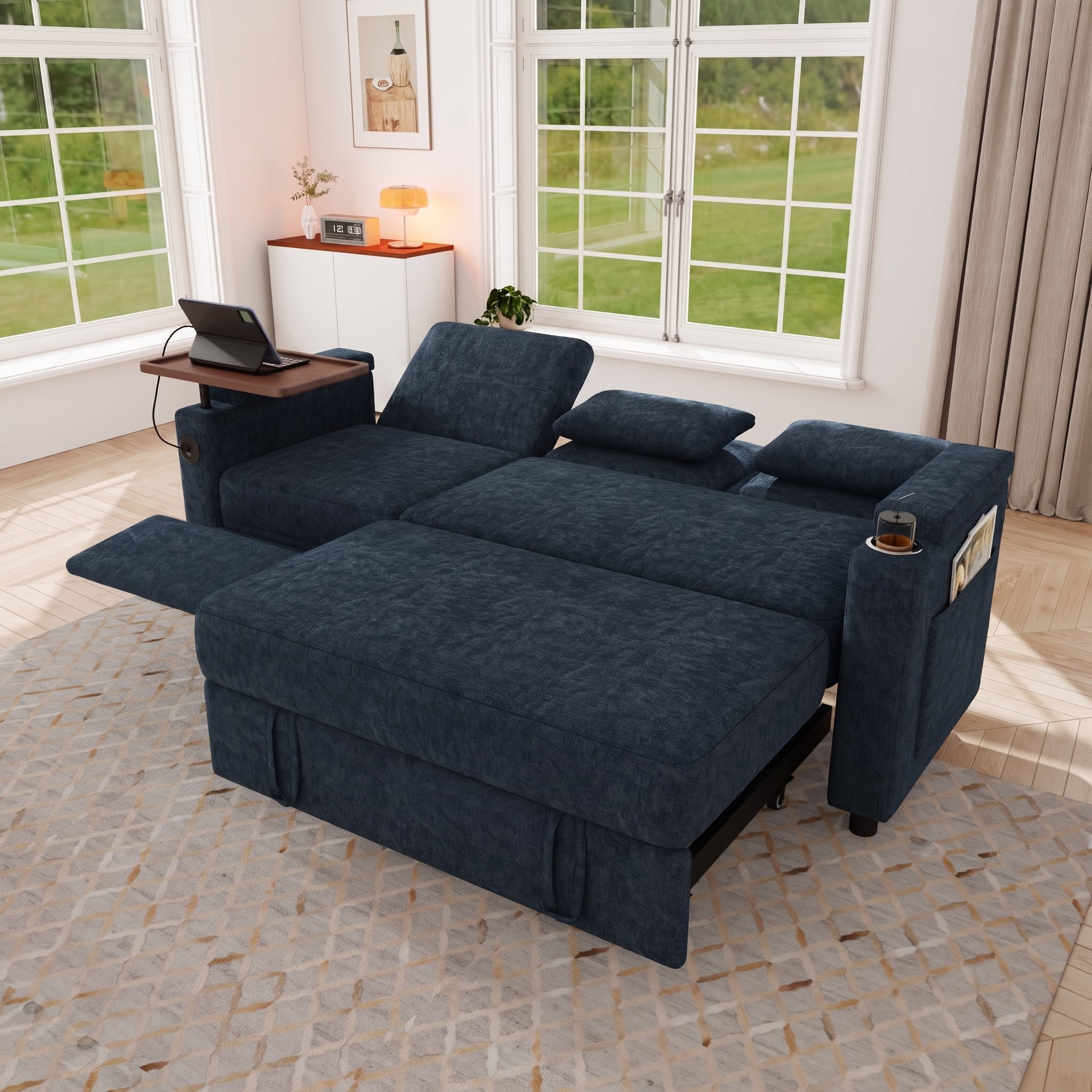 81''Sleeper Sofa Bed, Chenille Recliner Sofa, 3-in-1 Pull Out Couch, Blue,Adjustable Backrest with USB, Side Pocket, Table and Cup Holder, Fit for Movie Nights, Portable Fits Small Apartment Dorm