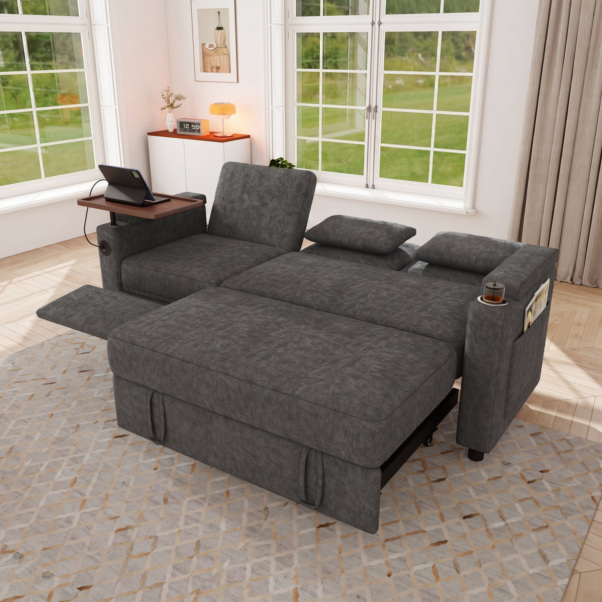 81" Sleeper Sofa Bed, Chenille Recliner Sofa, 3-in-1 Pull Out Couch, Gray,Adjustable Backrest with USB, Side Pocket, Table and Cup Holder, Fit for Movie Nights, Portable Fits Small Apartment Dorm