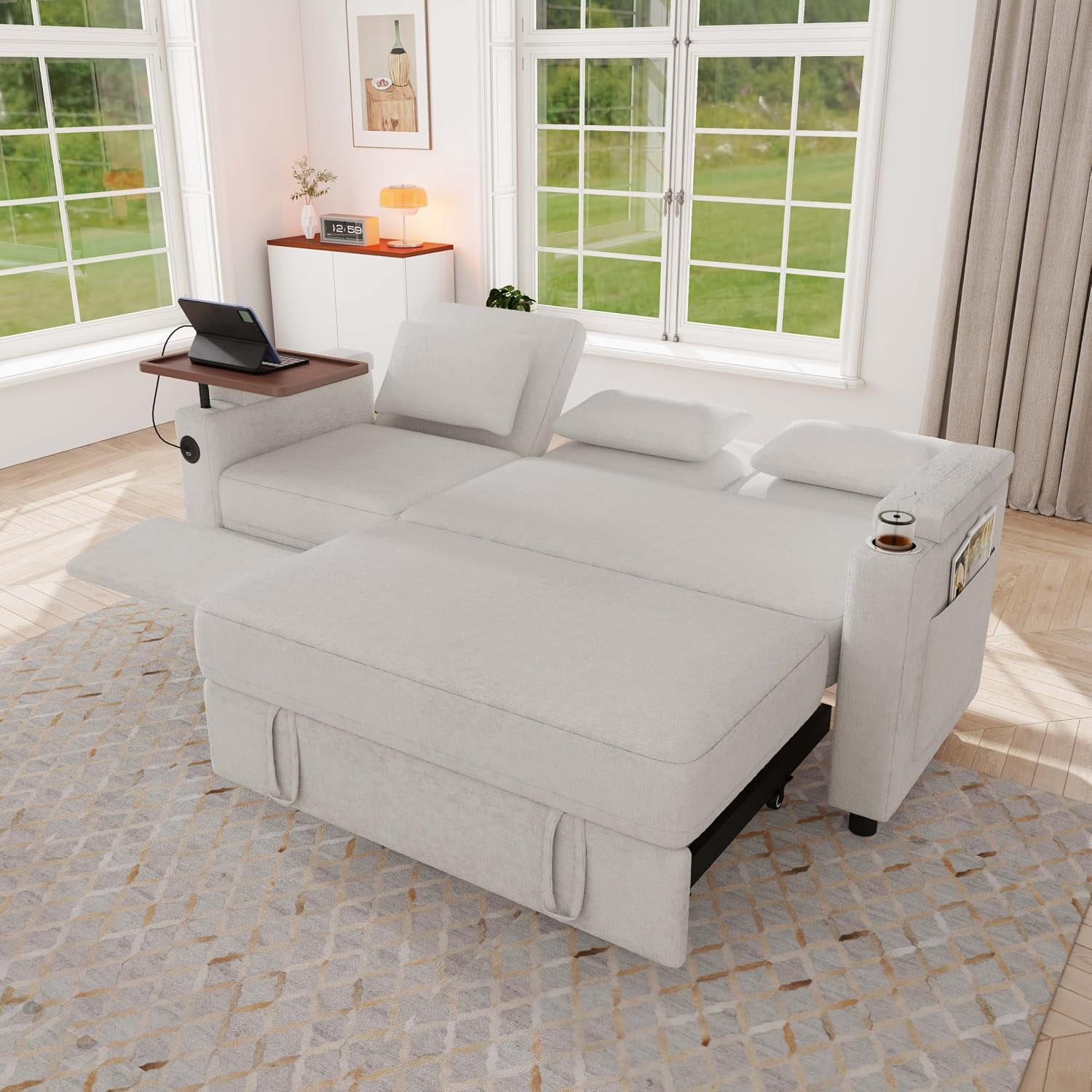 81" Sleeper Sofa Bed, Chenille Recliner Sofa, 3-in-1 Pull Out Couch, White,Adjustable Backrest with USB, Side Pocket, Table and Cup Holder, Fit for Movie Nights, Portable Fits Small Apartment Dorm
