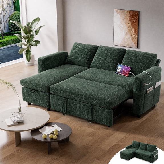 81" Sleeper Sofa Bed with Pull Out Bed,L Shaped Couch Sectional Sleeper Sofa with Reclining Backrest,Storage Chaise,USB Port,Chenille Green.