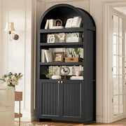 81" Tall Arched Bookshelf, Kitchen Pantry Storage Cabinet, 6-Tier Bookcase with 2 Doors for Living Room, Kitchen, Home Office, Black