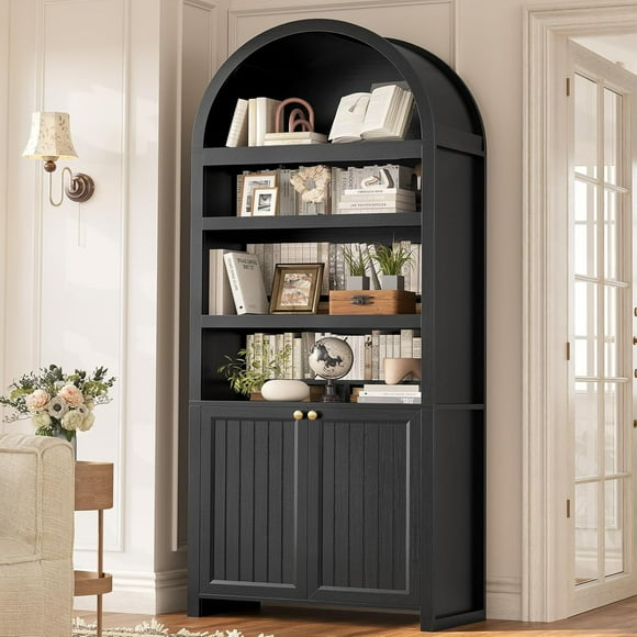 81" Tall Arched Bookshelf, Kitchen Pantry Storage Cabinet, 6-Tier Bookcase with 2 Doors for Living Room, Kitchen, Home Office, Black