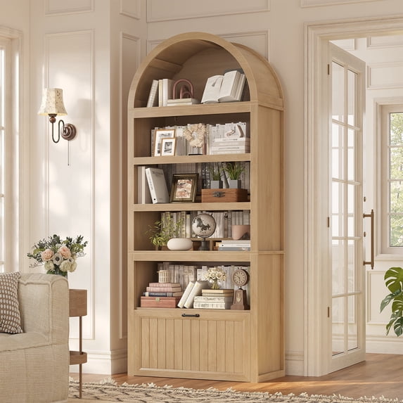 81" Tall Arched Cabinets, Bookcase with Storage Drawer, Mid-Century Modern 5-Tier Bookshelf for Living Room, Kitchen, Home Office, Oak