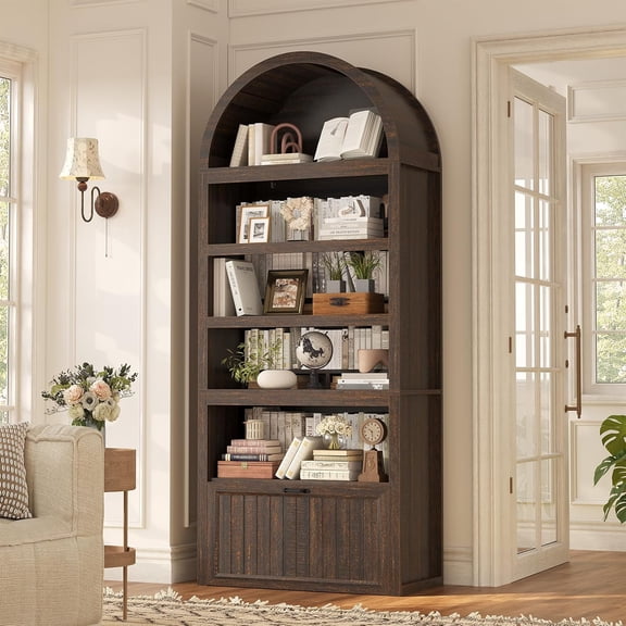 81" Tall Arched Cabinets, Bookcase with Storage Drawer, Mid-Century Modern 5-Tier Bookshelf for Living Room, Kitchen, Home Office, Walnut